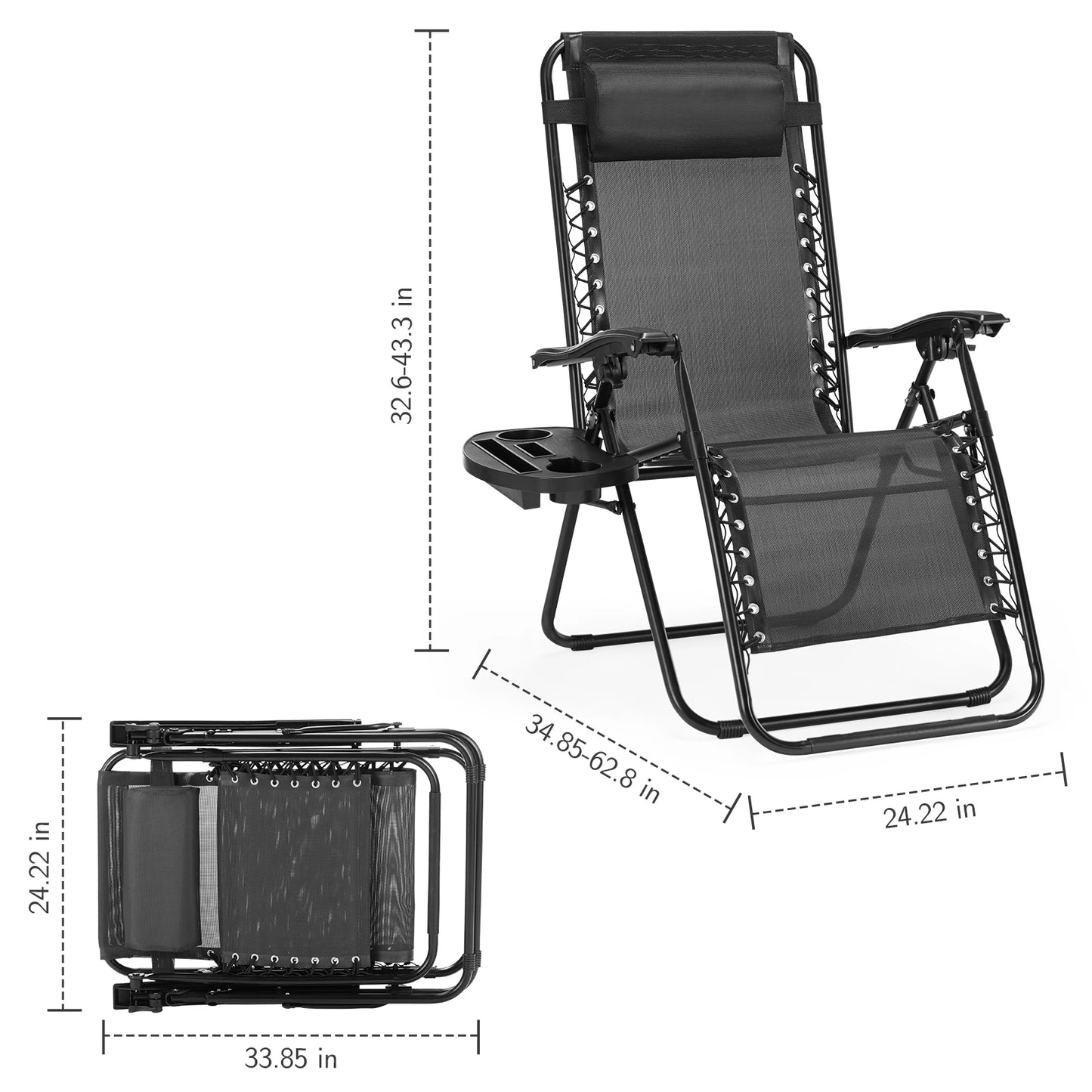 JHK Zero Gravity Set of 2 Portable Recliner Camping Patio Outdoor Garden Lounge Chair with Cup Holder Trays Adjustable Pillow