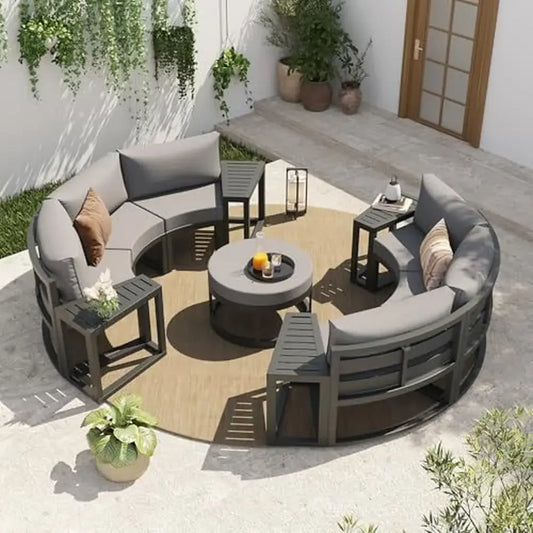 Outdoor Patio Furniture Aluminum 11-Piece Half-Moon Sectional Set with Round Coffee Table Curve Sofa Cushion