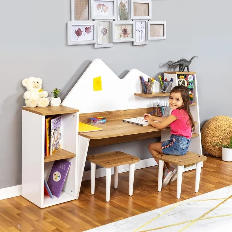 Kid's Study Desk with Bookshelf- 2 Stools