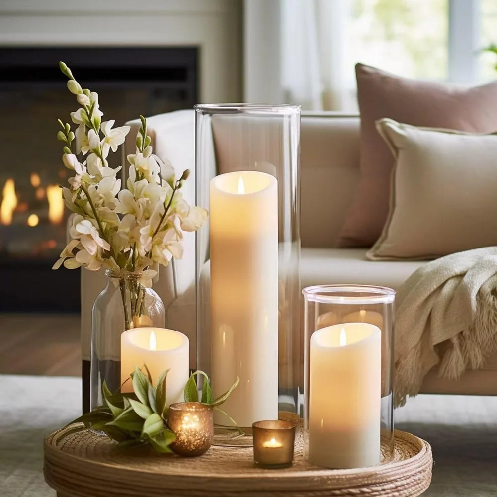 White Pillar Candles with Glass Cylinder Vaseses