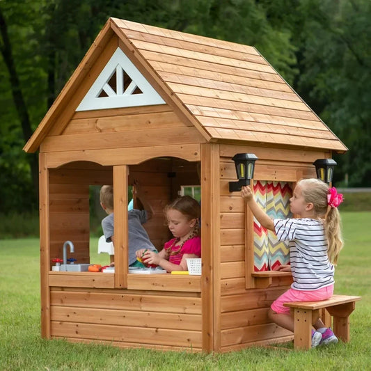 Backyard Wooden Playhouse, Flower Pot Holders, Stove, And Sink