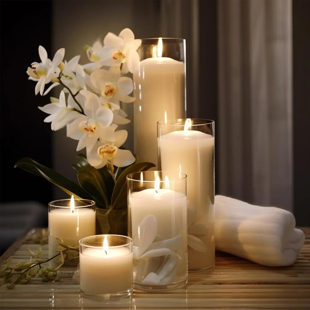 White Pillar Candles with Glass Cylinder Vaseses