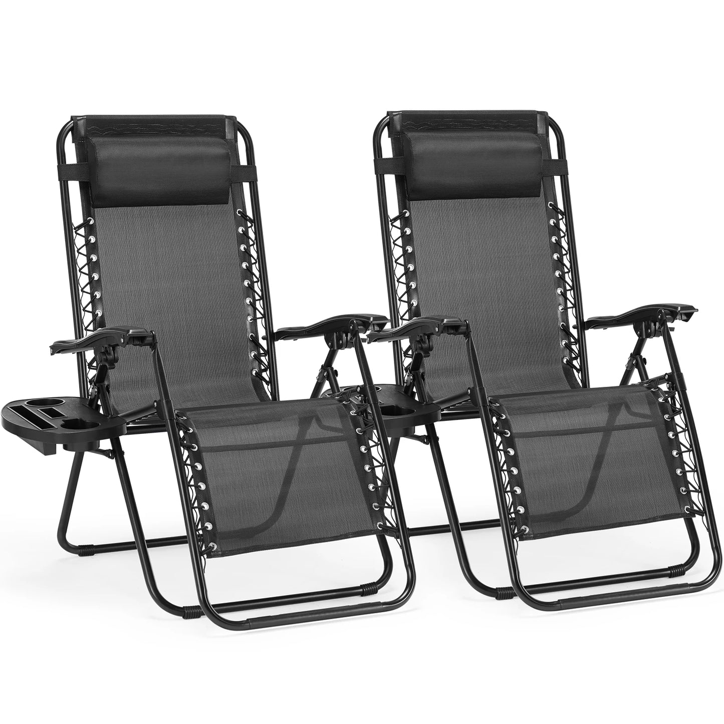 JHK Zero Gravity Set of 2 Portable Recliner Camping Patio Outdoor Garden Lounge Chair with Cup Holder Trays Adjustable Pillow