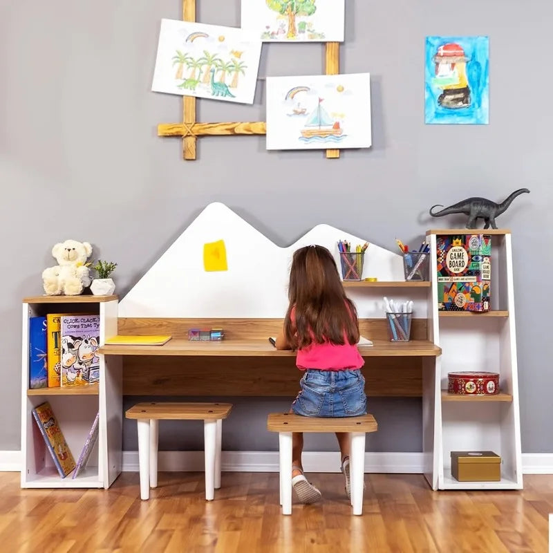 Kid's Study Desk with Bookshelf- 2 Stools