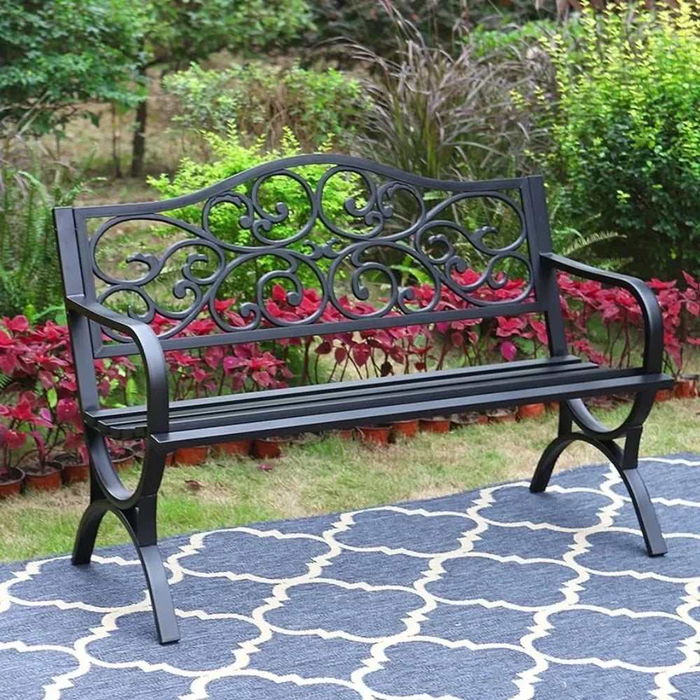 Outdoor Garden Bench with Floral Pattern Backrest