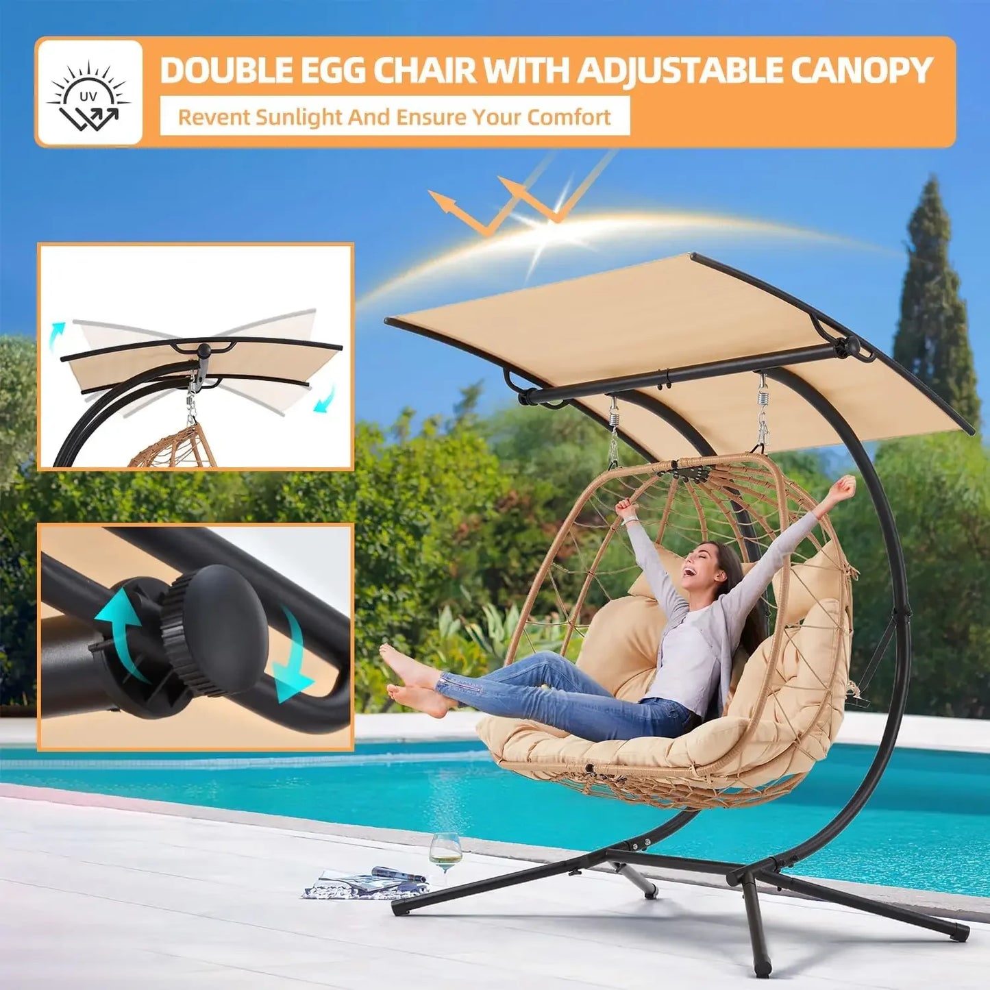 Double Egg Chair with Adjustable Canopy,