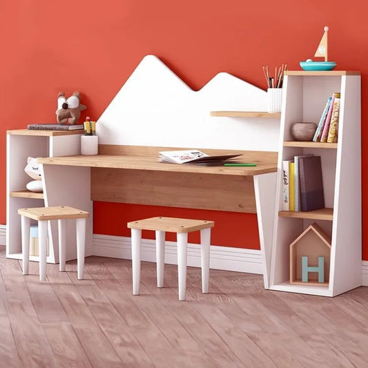 Kid's Study Desk with Bookshelf- 2 Stools