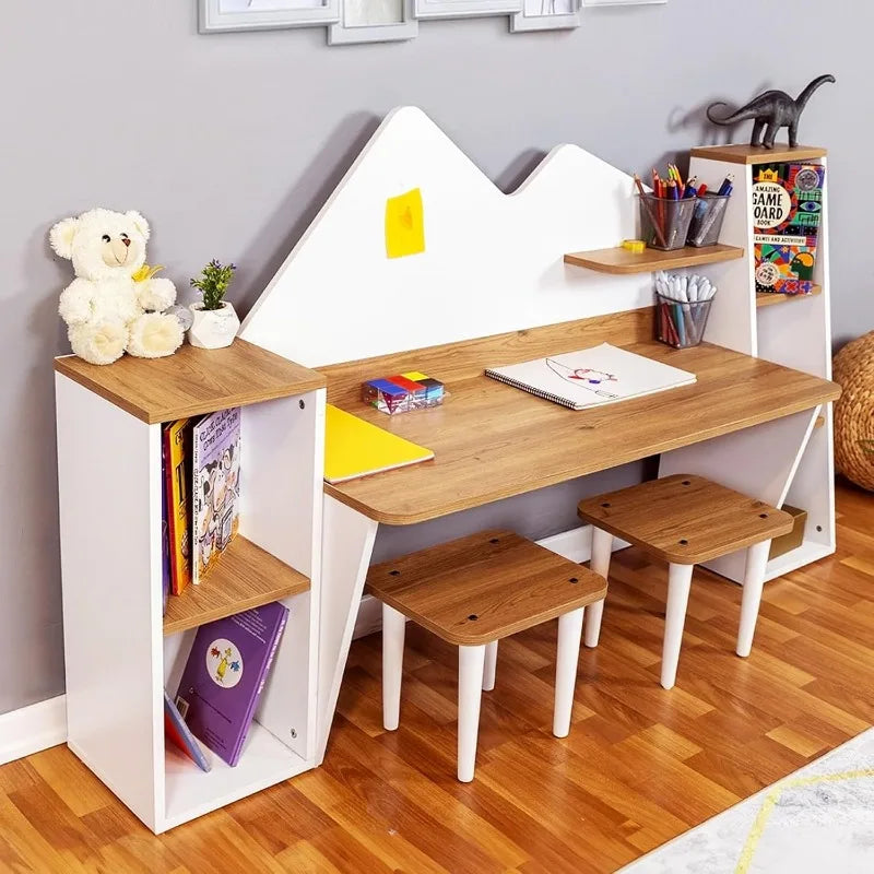 Kid's Study Desk with Bookshelf- 2 Stools