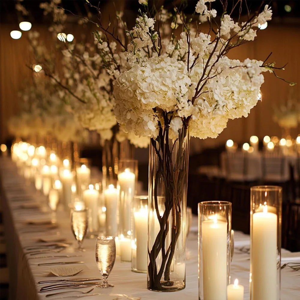 White Pillar Candles with Glass Cylinder Vaseses