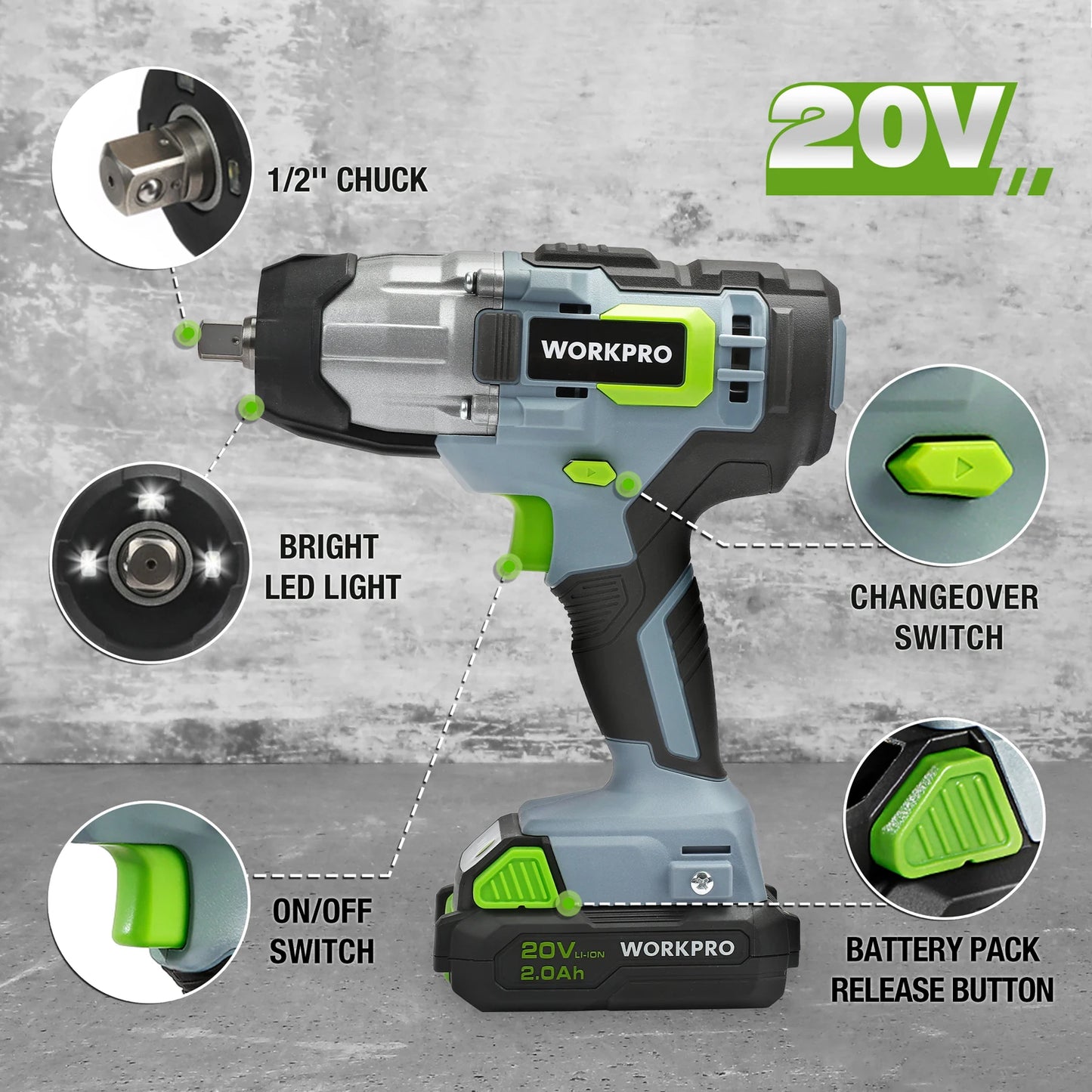 WORKPRO 20V Cordless Impact Wrench  1/2-inch