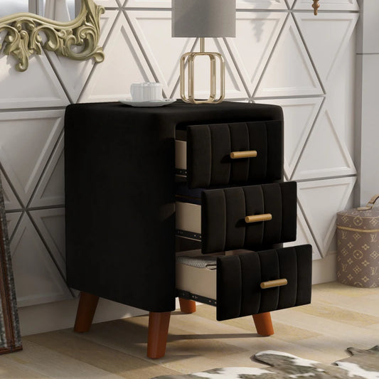 Upholstery Velvet Nightstand with 3 Drawers for Bedroom Bed Table luxury Black/Gray