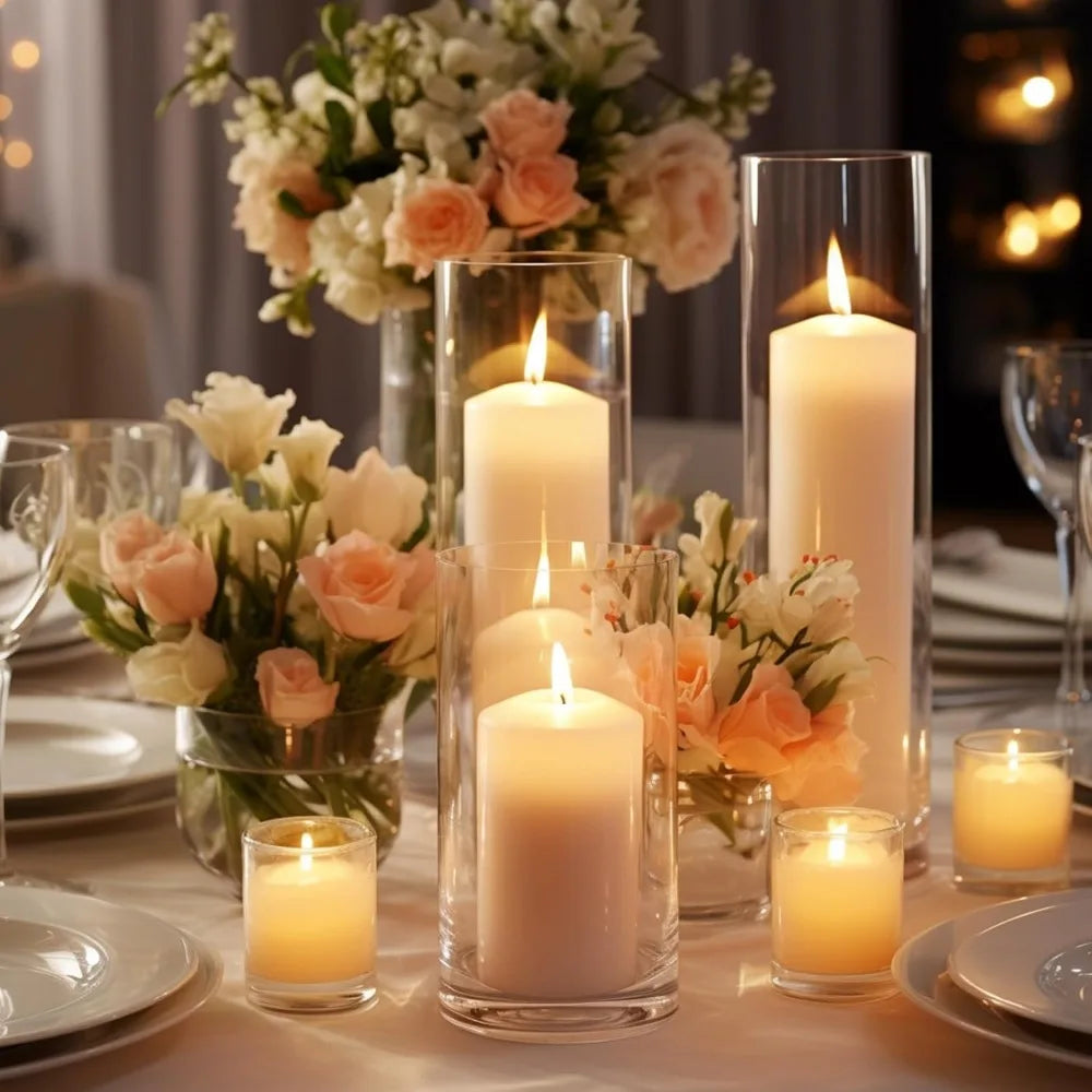 White Pillar Candles with Glass Cylinder Vaseses