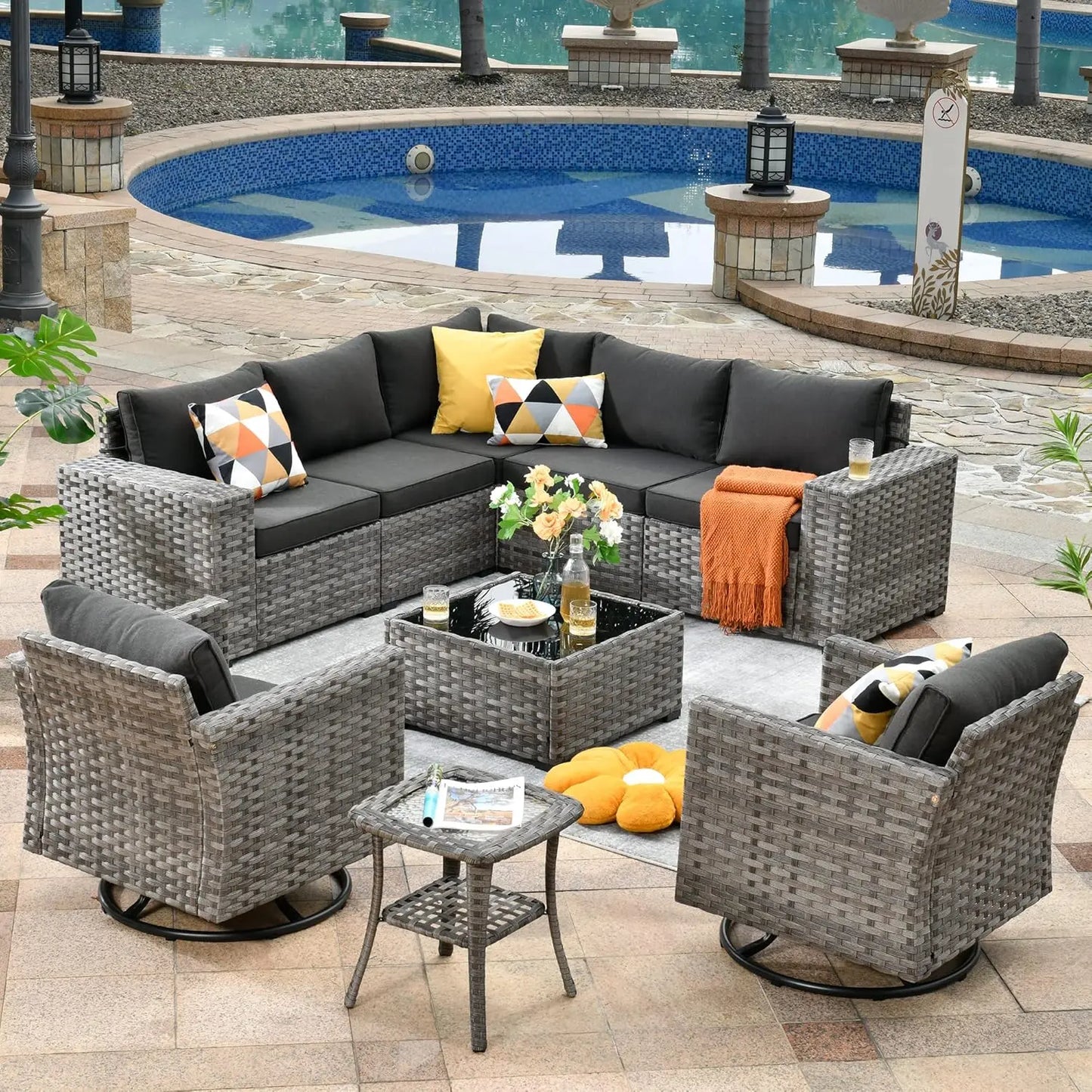 Patio Furniture Sets Outdoor Sectional Sofa with Swivel Rocking Chairs