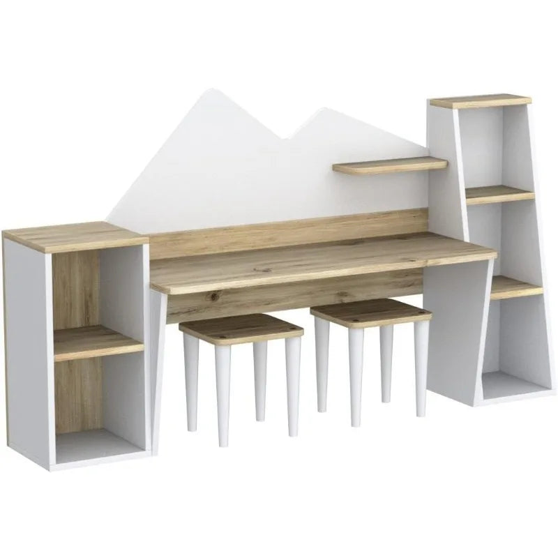 Kid's Study Desk with Bookshelf- 2 Stools