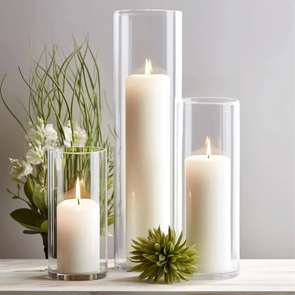 White Pillar Candles with Glass Cylinder Vaseses