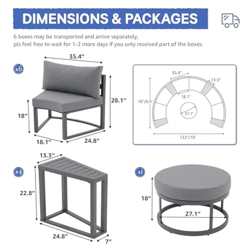 Outdoor Patio Furniture Aluminum 11-Piece Half-Moon Sectional Set with Round Coffee Table Curve Sofa Cushion