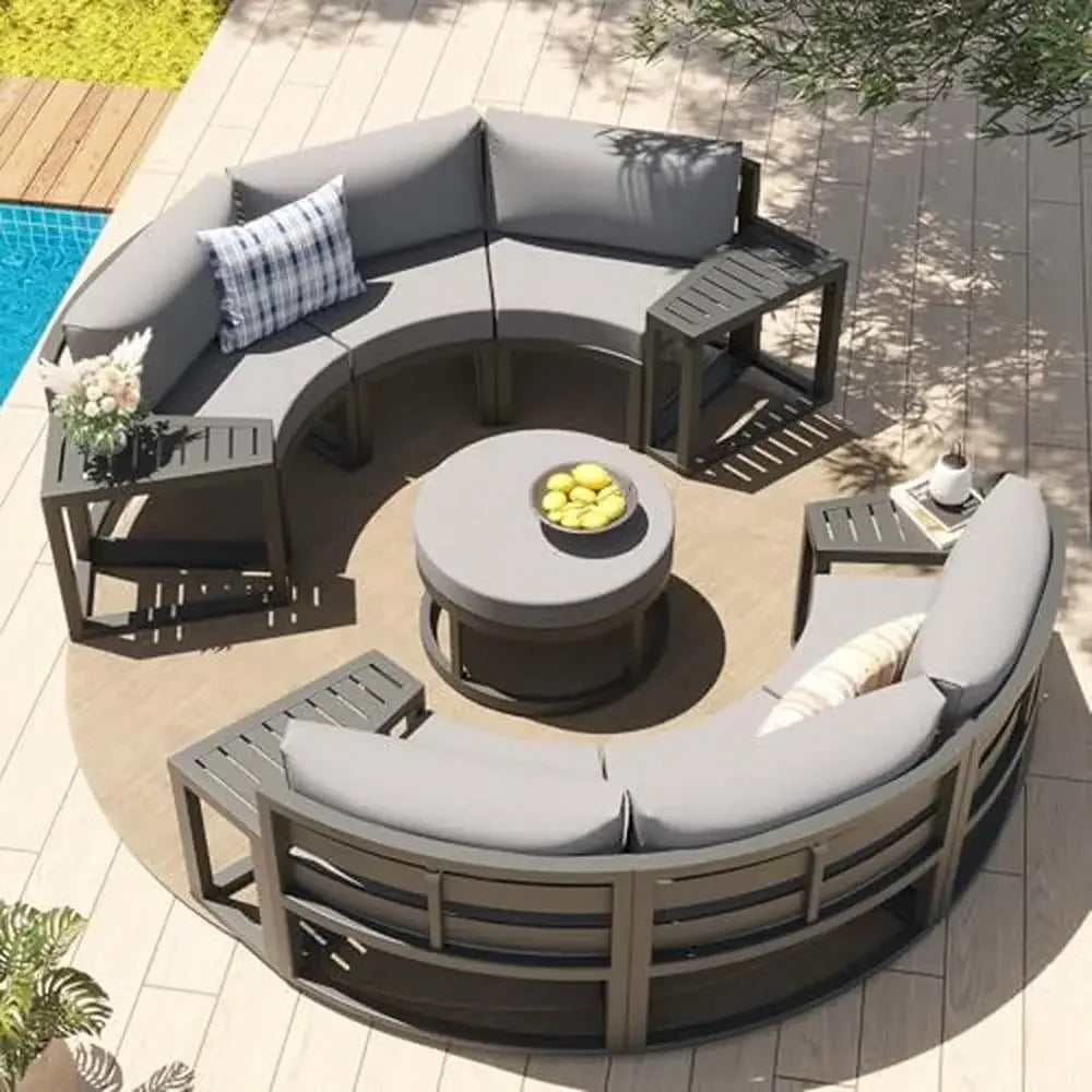 Outdoor Patio Furniture Aluminum 11-Piece Half-Moon Sectional Set with Round Coffee Table Curve Sofa Cushion