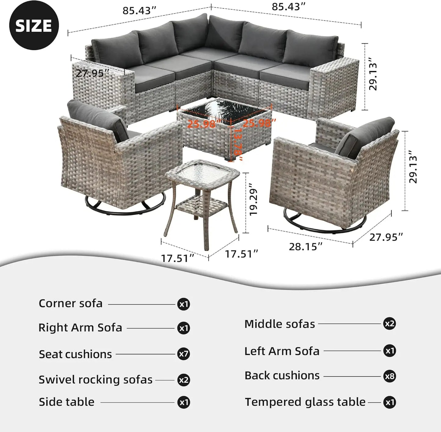 Patio Furniture Sets Outdoor Sectional Sofa with Swivel Rocking Chairs