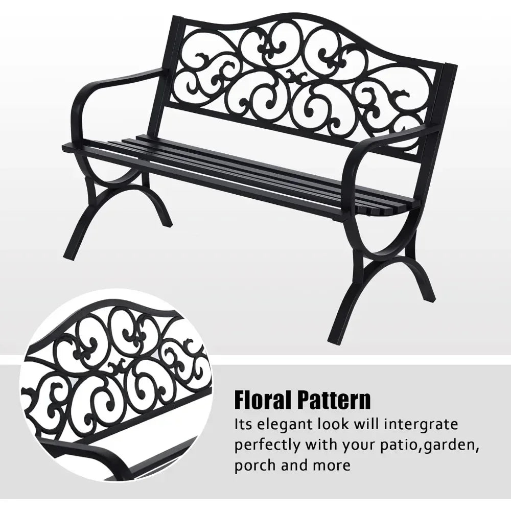 Outdoor Garden Bench with Floral Pattern Backrest